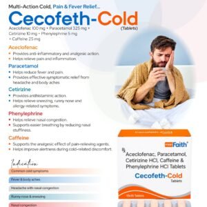 Aceclofenac 100 mg + Paracetamol 325 mg + Cetirizine 10 mg + Phenylephrine 5 mg + Caffeine 25 mg